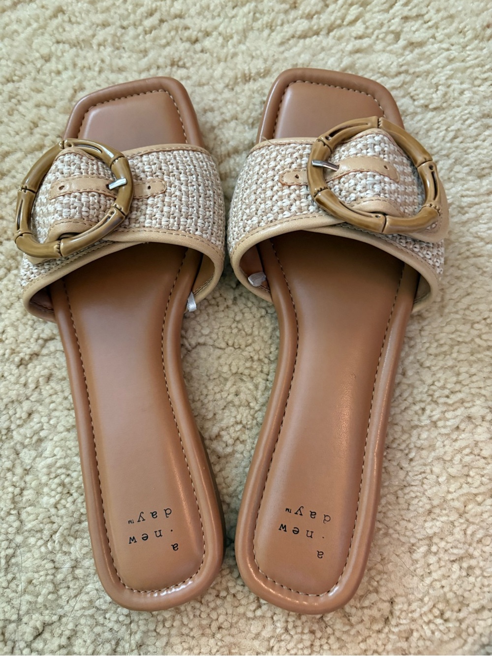 a new day Tan Woven Buckle Slide Mules with Gold Accent
